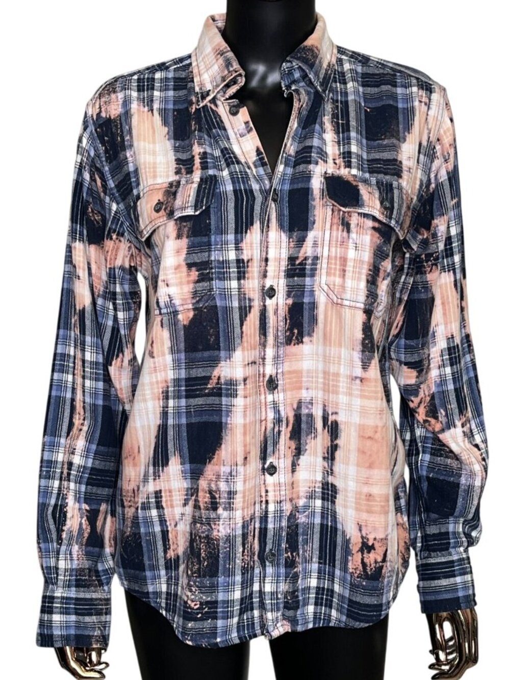 Franklin Flannels Upcycled Bleached Plaid Button Front Shirt Small Blue Pink